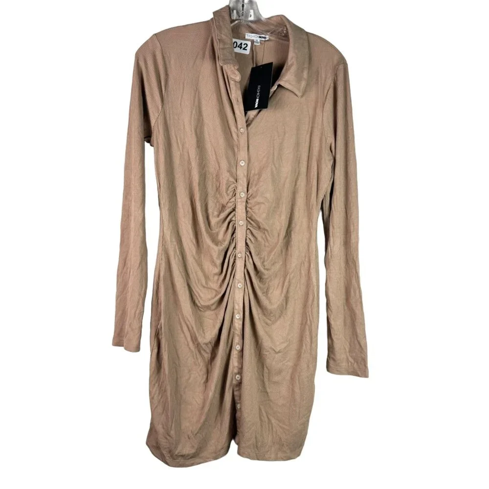 Fashion Nova Womens Tan Mini Dress Long Sleeve Size 1X - Picture 2 of 9